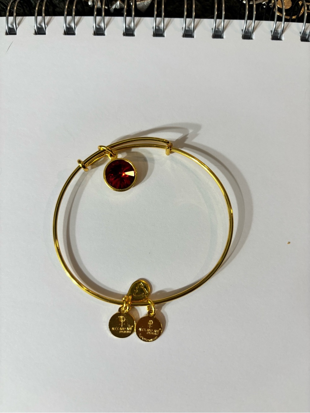 Alex and Ani Gold-Tone Bangle with Deep Red Crystal Charm